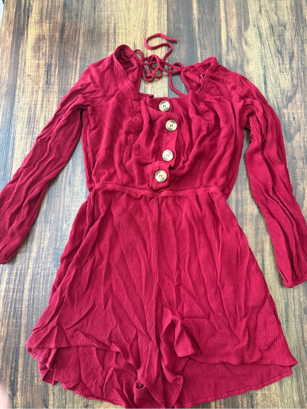 JustFab Raspberry Red Long-Sleeve Button Front Romper - Picture 4 of 9
